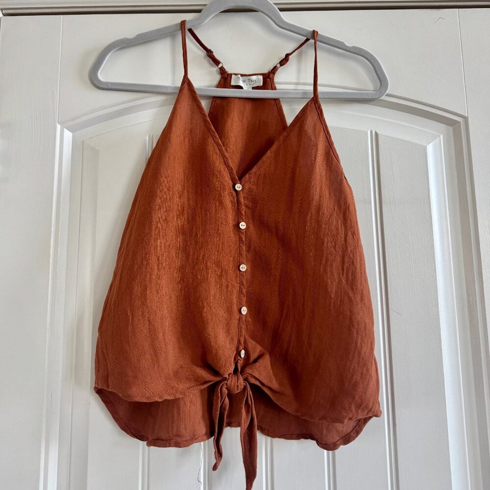 Rust Orange Tie Front Sleeveless Top